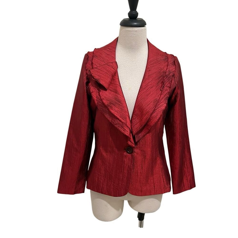 Rossi Roma Women's Big Button Metallic Ruffle Blazer Jacket Top Red Small